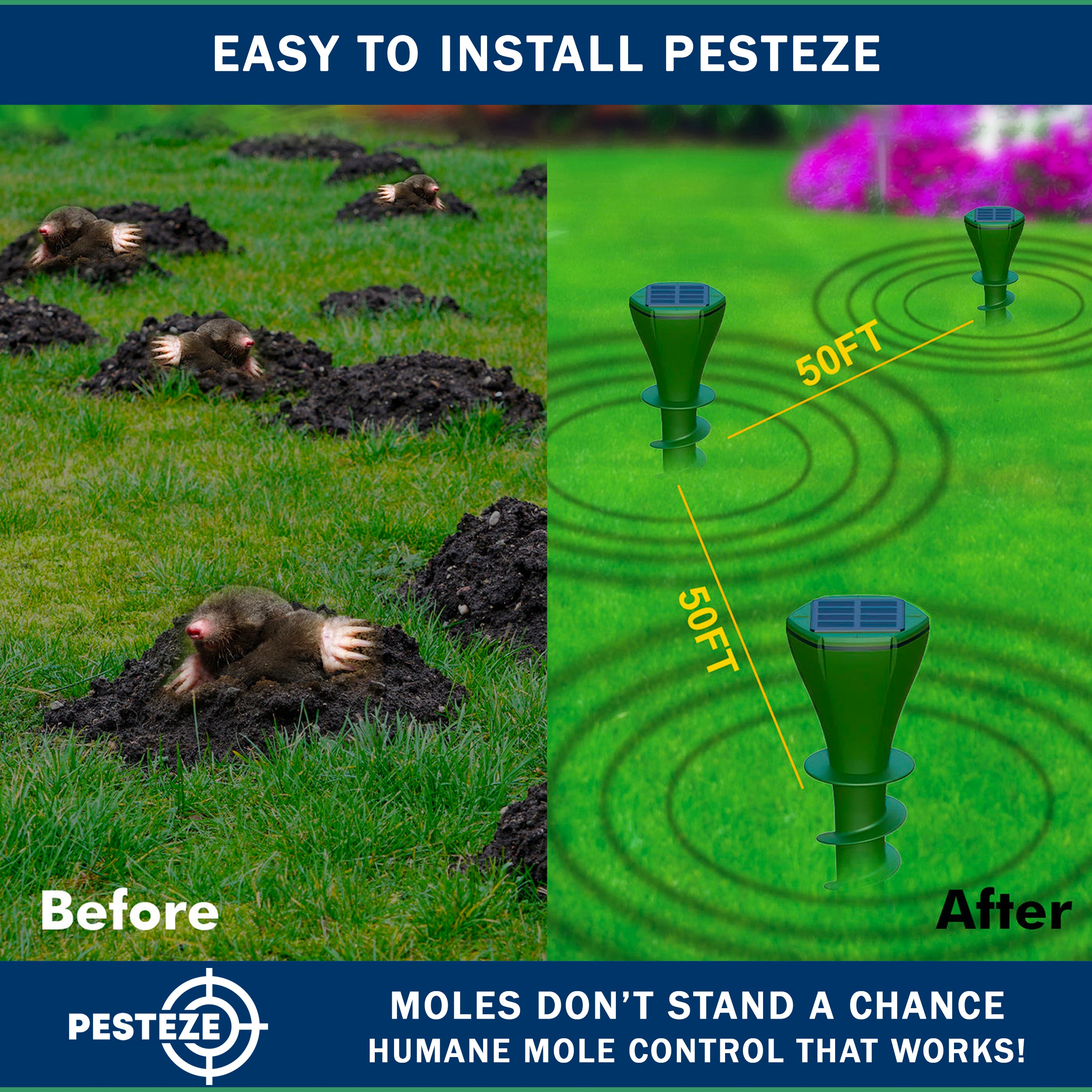 2 Pack PESTEZE® Reusable Solar Mole, Snake, Gopher, Vole, Chipmunk, Groundhog & Woodchuck Repeller. Vibration Quietly & Humanely Deters Burrowing Rodents from Destroying Yard. Waterproof & EZ Install