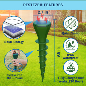 2 Pack PESTEZE® Reusable Solar Mole, Snake, Gopher, Vole, Chipmunk, Groundhog & Woodchuck Repeller. Vibration Quietly & Humanely Deters Burrowing Rodents from Destroying Yard. Waterproof & EZ Install