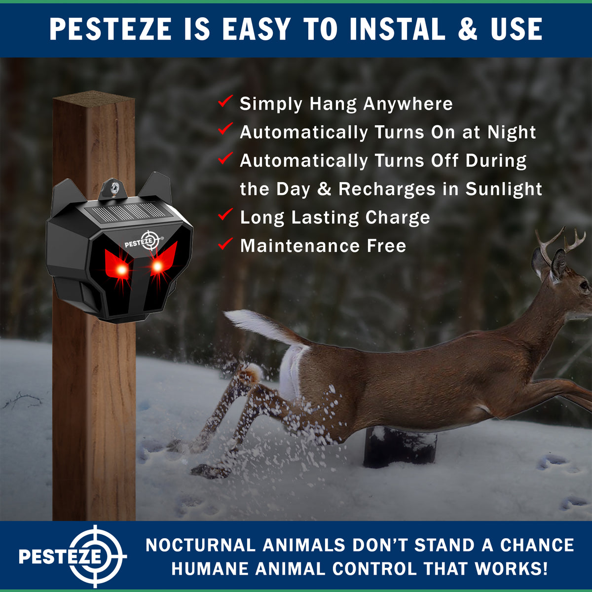 PESTEZE® USA 2 Pack Solar Nocturnal Animal Repeller– Flickering Red Light Deters Deer, Coyote, Fox, Skunk, Raccoon, Rabbit & Birds; Reusable Predator-Eye Deterrent for Yards, Gardens & Livestock Safety