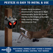 PESTEZE® USA 2 Pack Solar Nocturnal Animal Repeller– Flickering Red Light Deters Deer, Coyote, Fox, Skunk, Raccoon, Rabbit & Birds; Reusable Predator-Eye Deterrent for Yards, Gardens & Livestock Safety