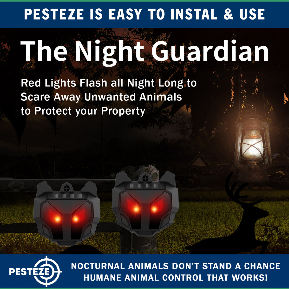 PESTEZE® USA 2 Pack Solar Nocturnal Animal Repeller– Flickering Red Light Deters Deer, Coyote, Fox, Skunk, Raccoon, Rabbit & Birds; Reusable Predator-Eye Deterrent for Yards, Gardens & Livestock Safety