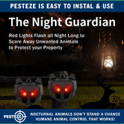 PESTEZE® USA 2 Pack Solar Nocturnal Animal Repeller– Flickering Red Light Deters Deer, Coyote, Fox, Skunk, Raccoon, Rabbit & Birds; Reusable Predator-Eye Deterrent for Yards, Gardens & Livestock Safety