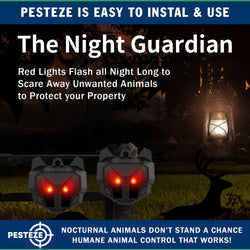 2 Pack PESTEZE® Reusable Solar Nocturnal Animal Repeller. Flickering Red Light Deters Unwanted Animals like Skunk, Deer, Coyote, Fox, Wolf, Rabbit, Raccoon & Birds to Protect Property & Livestock