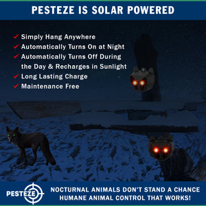 2 Pack PESTEZE® Reusable Solar Nocturnal Animal Repeller. Flickering Red Light Deters Unwanted Animals like Skunk, Deer, Coyote, Fox, Wolf, Rabbit, Raccoon & Birds to Protect Property & Livestock