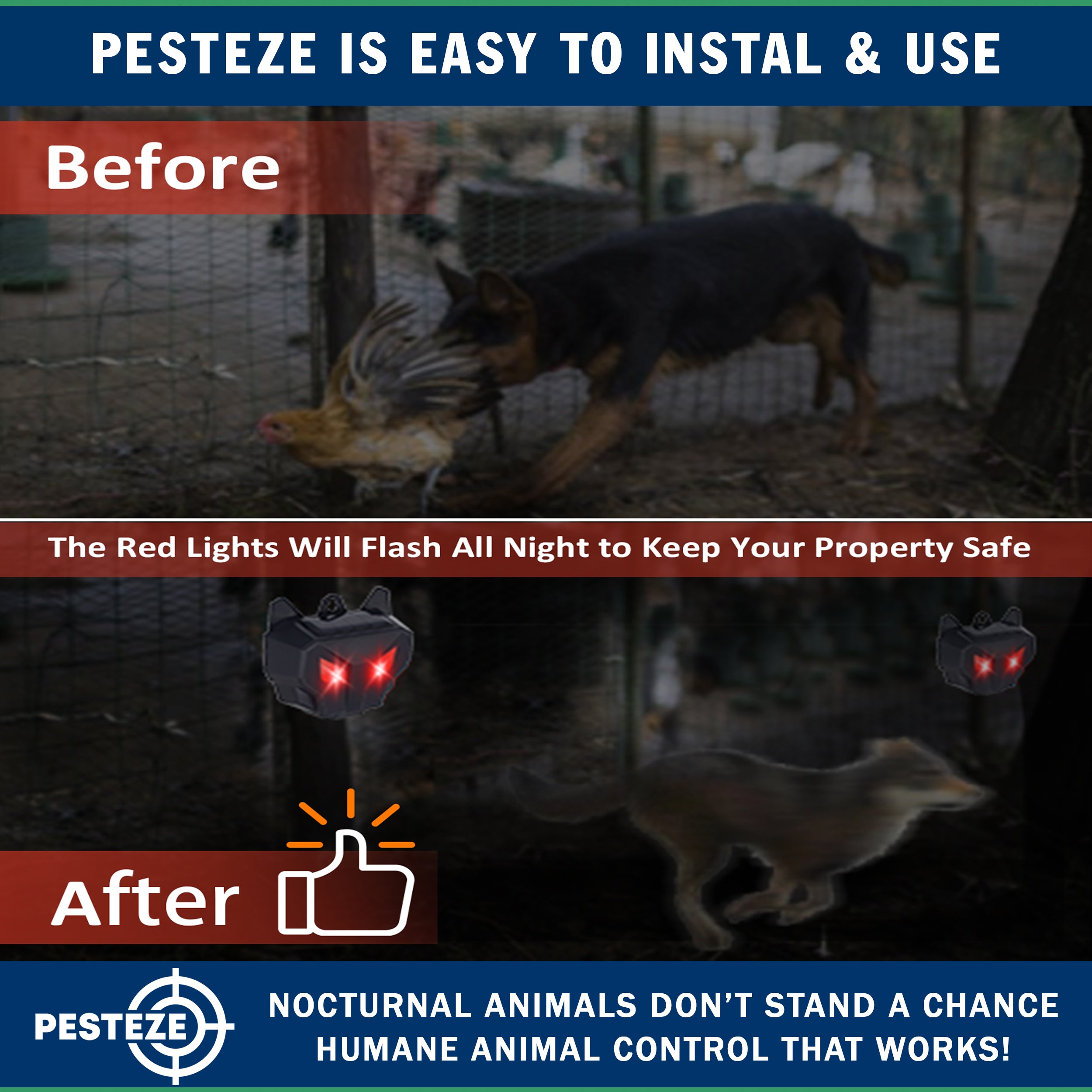 2 Pack PESTEZE® Reusable Solar Nocturnal Animal Repeller. Flickering Red Light Deters Unwanted Animals like Skunk, Deer, Coyote, Fox, Wolf, Rabbit, Raccoon & Birds to Protect Property & Livestock