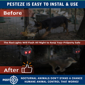 2 Pack PESTEZE® Reusable Solar Nocturnal Animal Repeller. Flickering Red Light Deters Unwanted Animals like Skunk, Deer, Coyote, Fox, Wolf, Rabbit, Raccoon & Birds to Protect Property & Livestock