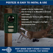 PESTEZE® Solar Ultrasonic Bird Repeller. Detects & Deters  Pest Birds like Woodpeckers, Pigeons, Crows, Ducks, Geese & Critters from Yards using Ultrasonic Sounds. Does not Harm Birds or People - Pesteze