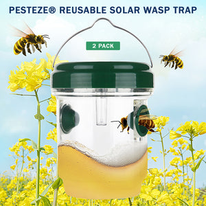 2 Pack PESTEZE® Reusable Solar Hanging Wasp Trap with LED Light [Green: 3.5 X 4.4 Inch] Attracts, Catches & Kills Wasp, Hornet, Yellow Jacket & Insect Species 24/7 without Harsh Chemicals. Waterproof