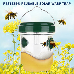 PESTEZE® Reusable Solar Hanging Wasp Trap with LED Light [Green: 3.5 X 4.4 Inch] Attracts, Catches & Kills Wasp, Hornet, Yellow Jacket & Insect Species 24/7 without Harsh Chemicals. Waterproof