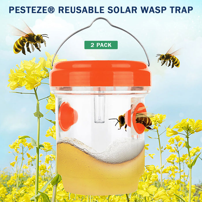 2 Pack PESTEZE® Reusable Solar Hanging Wasp Trap with LED Light [Orange: 3.5 X 4.4 Inch] Attracts, Catches & Kills Wasp, Hornet, Yellow Jacket & Insect Species 24/7 without Harsh Chemicals. Waterproof