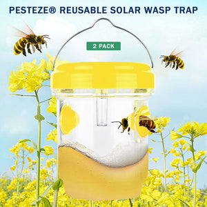 2 Pack PESTEZE® Reusable Solar Hanging Wasp Trap with LED Light [Yellow: 3.5 X 4.4 Inch] Attracts, Catches & Kills Wasp, Hornet, Yellow Jacket & Insect Species 24/7 without Harsh Chemicals. Waterproof