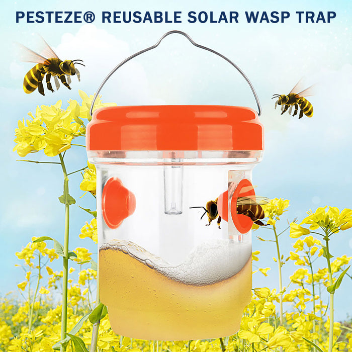 PESTEZE® Reusable Solar Hanging Wasp Trap with LED Light [Orange: 3.5 X 4.4 Inch] Attracts, Catches & Kills Wasp, Hornet, Yellow Jacket & Insect Species 24/7 without Harsh Chemicals. Waterproof