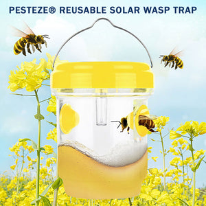 PESTEZE® Reusable Solar Hanging Wasp Trap with LED Light [Yellow: 3.5 X 4.4 Inch] Attracts, Catches & Kills Wasp, Hornet, Yellow Jacket & Insect Species 24/7 without Harsh Chemicals. Waterproof