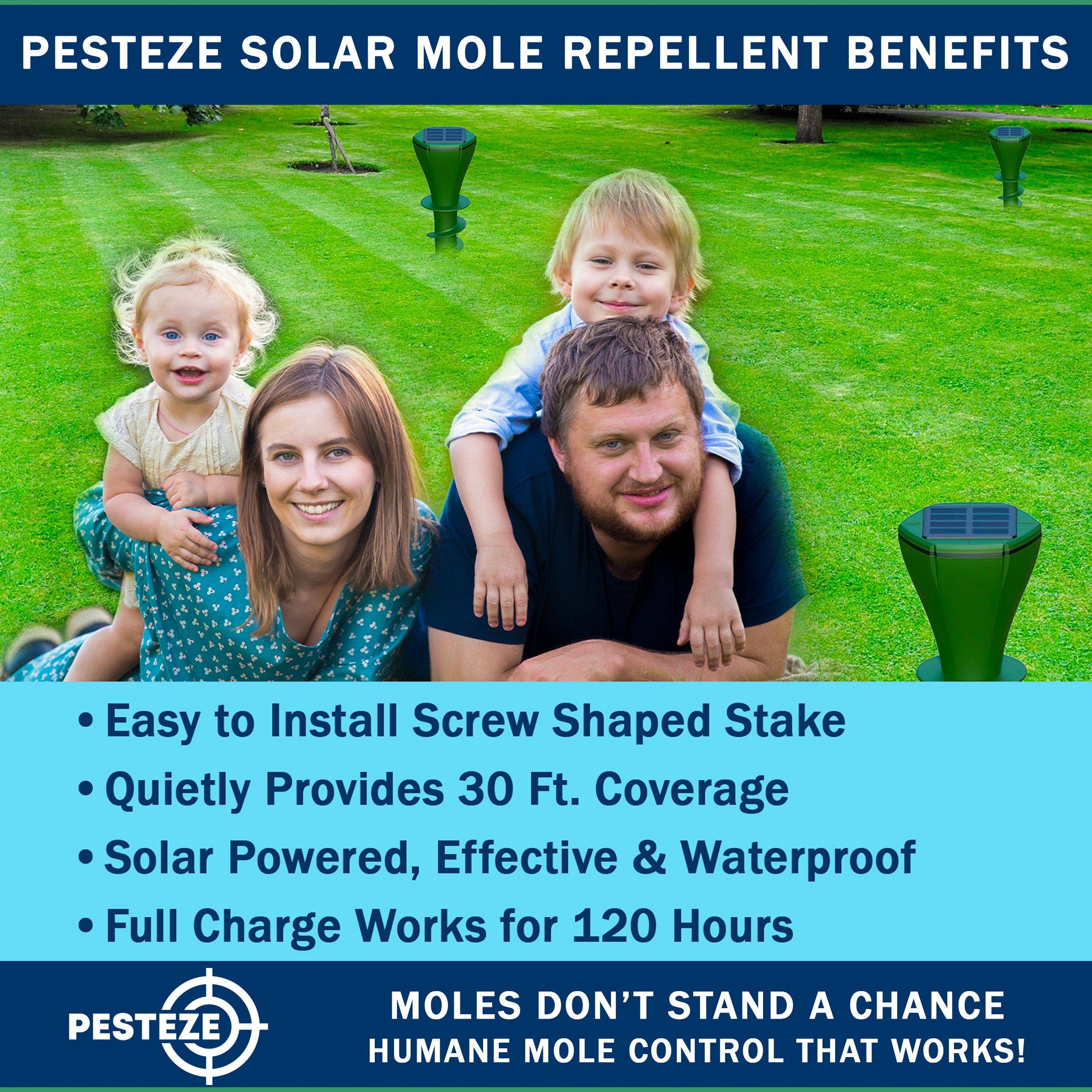 2 Pack PESTEZE® Reusable Solar Mole, Snake, Gopher, Vole, Chipmunk, Groundhog & Woodchuck Repeller. Vibration Quietly & Humanely Deters Burrowing Rodents from Destroying Yard. Waterproof & EZ Install