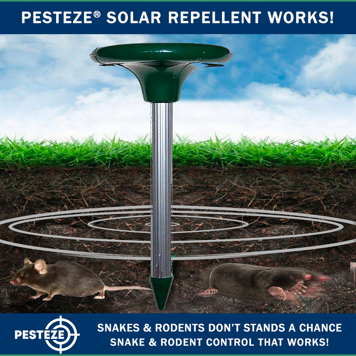 PESTEZE® Solar Snake & Rodent Sound Deterrent. Audible Sound Deters Snakes & Burrowing Rodents like Moles, Voles Gophers, Chipmunks, Groundhogs & Woodchucks from Destroying Gardens & Vegetables - Pesteze