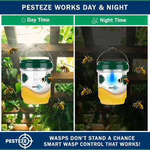PESTEZE® Reusable Solar Hanging Wasp Trap with LED Light [Green: 3.5 X 4.4 Inch] Attracts, Catches & Kills Wasp, Hornet, Yellow Jacket & Insect Species 24/7 without Harsh Chemicals. Waterproof