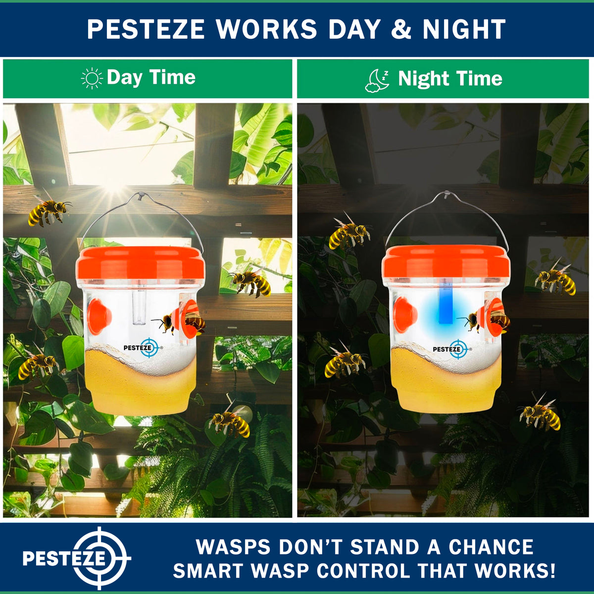 PESTEZE® USA Reusable Solar Hanging Wasp Trap with LED Light [Orange: 3.5 x 4.4 Inch] Attracts, & Kills Wasp, Hornet, Yellow Jacket & Insect Species 24/7 Without Harsh Chemicals Waterproof Outdoor Trap
