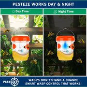 PESTEZE® USA Reusable Solar Hanging Wasp Trap with LED Light [Orange: 3.5 x 4.4 Inch] Attracts, & Kills Wasp, Hornet, Yellow Jacket & Insect Species 24/7 Without Harsh Chemicals Waterproof Outdoor Trap