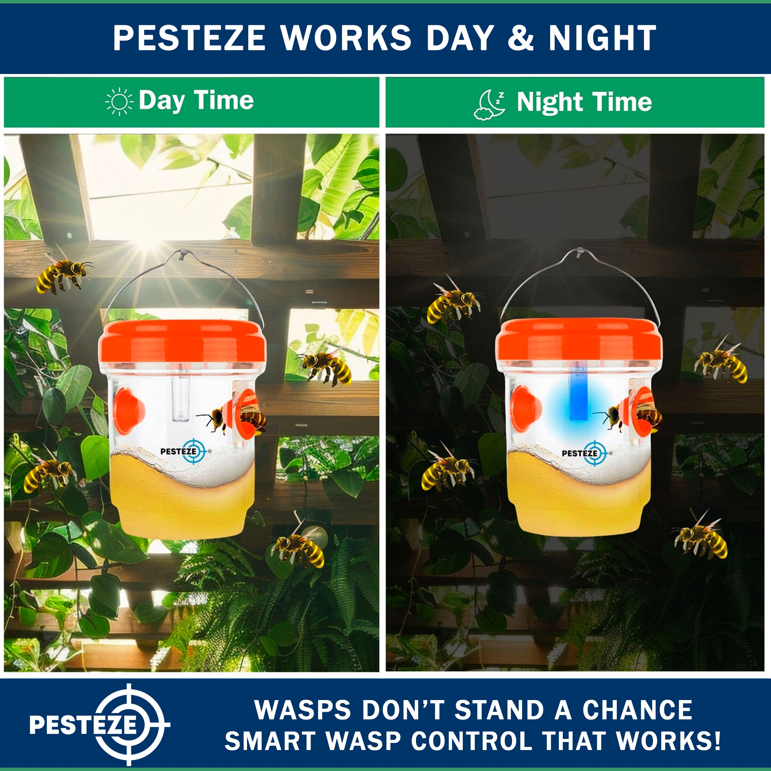 2 Pack PESTEZE® Reusable Solar Hanging Wasp Trap with LED Light [Orange: 3.5 X 4.4 Inch] Attracts, Catches & Kills Wasp, Hornet, Yellow Jacket & Insect Species 24/7 without Harsh Chemicals. Waterproof