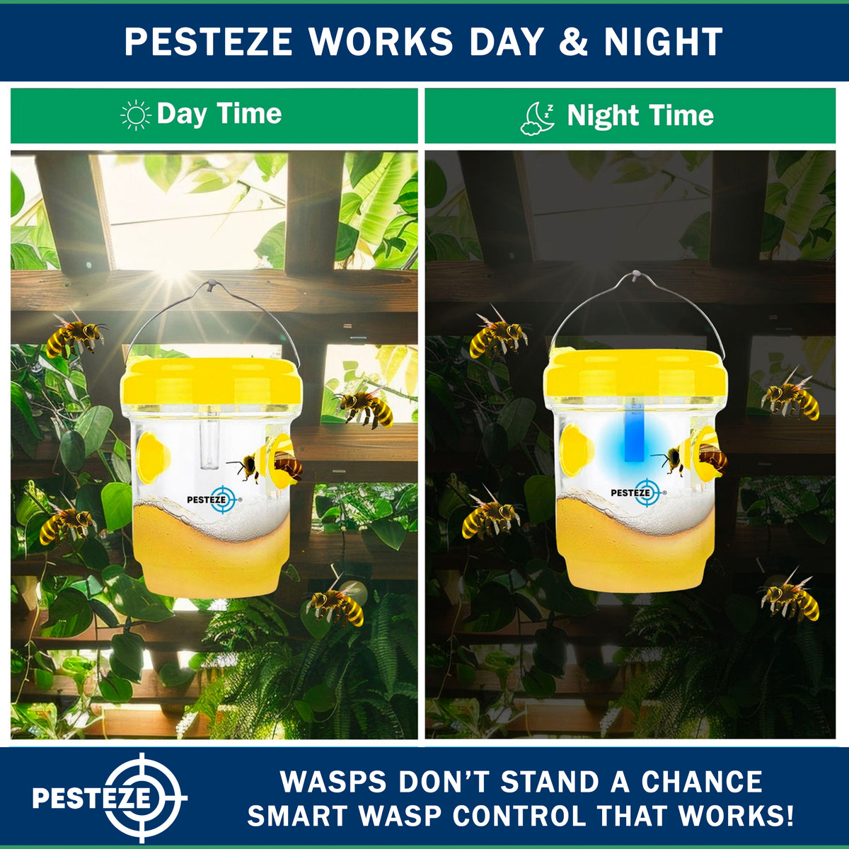 PESTEZE® USA Reusable Solar Hanging Wasp Trap with LED Light [Yellow: 3.5 x 4.4 Inch] Attracts, & Kills Wasp, Hornet, Yellow Jacket & Insect Species 24/7 Without Harsh Chemicals Waterproof Outdoor Trap
