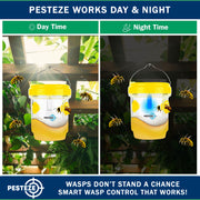 PESTEZE® USA Reusable Solar Hanging Wasp Trap with LED Light [Yellow: 3.5 x 4.4 Inch] Attracts, & Kills Wasp, Hornet, Yellow Jacket & Insect Species 24/7 Without Harsh Chemicals Waterproof Outdoor Trap