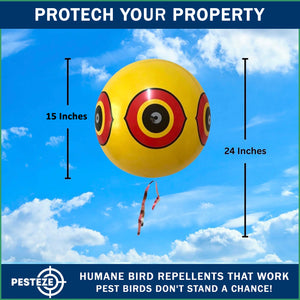 PESTEZE® Large 15" Yellow Bird Predator-Eye Balloon Repellant [4 Pack] Deters Unwanted Pest Birds like Pigeons, Gulls, Geese & Critters from Pools & Yards Without Harming Them To Protect Property
