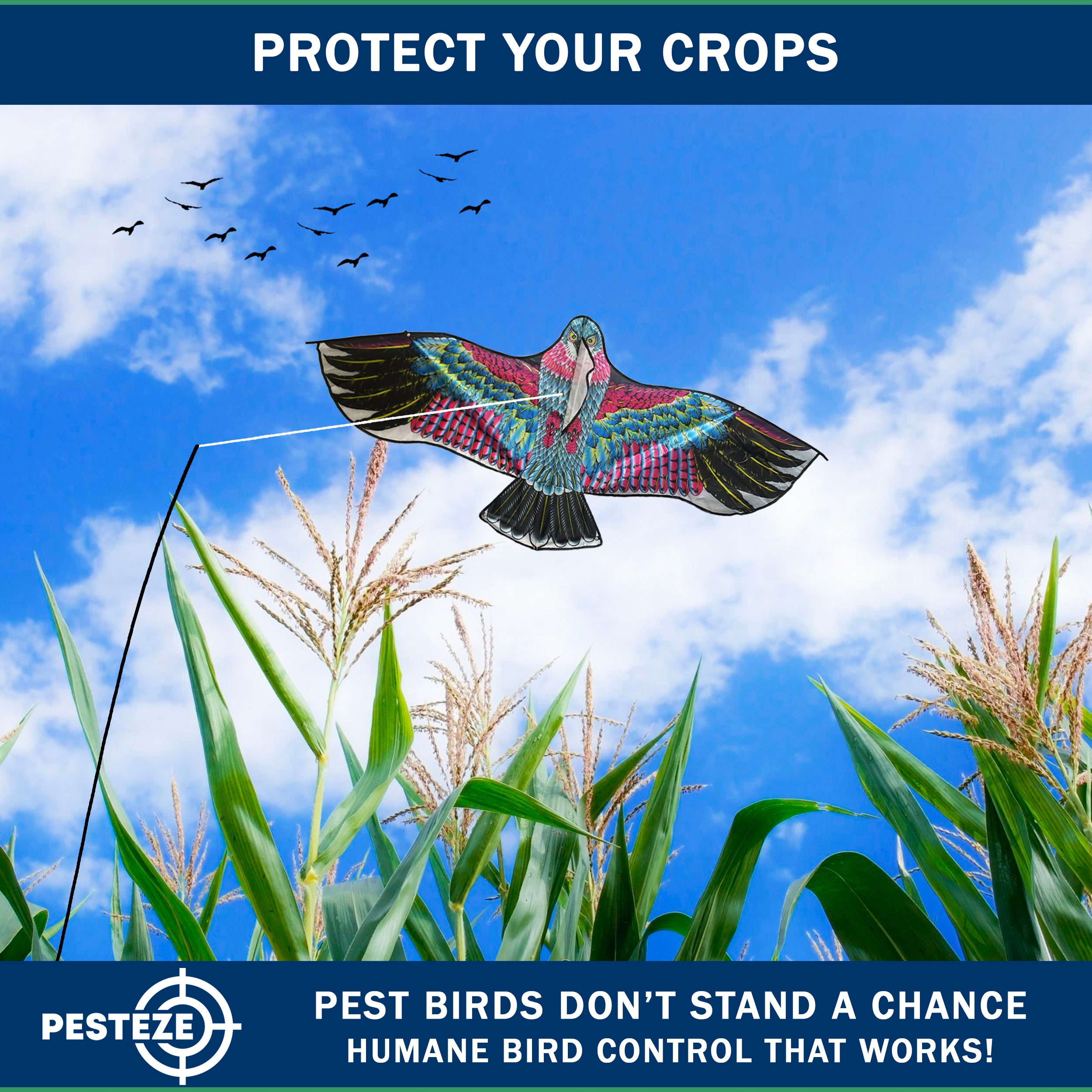 PESTEZE® USA Huge Red Eagle Kite [60x28 Inch Kite with 13 Ft Flagpole] Provides Humane Bird Deterrence in Yards & Farms. Protects Vegetables, Fruits & Crops from Pest Birds & Critters