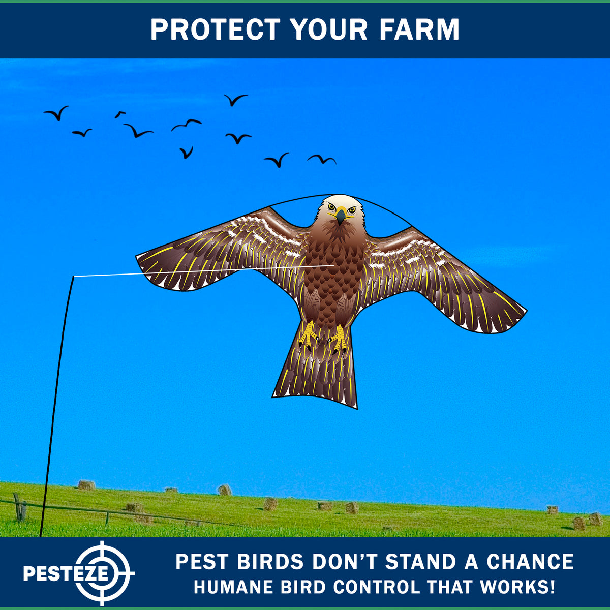 PESTEZE® USA Hawk Kite [47x27 Inch Kite with 13 Ft Flagpole] Provides Humane Bird Deterrence in Yards & Farms. Protects Vegetables, Fruits & Crops from Pest Birds & Critters