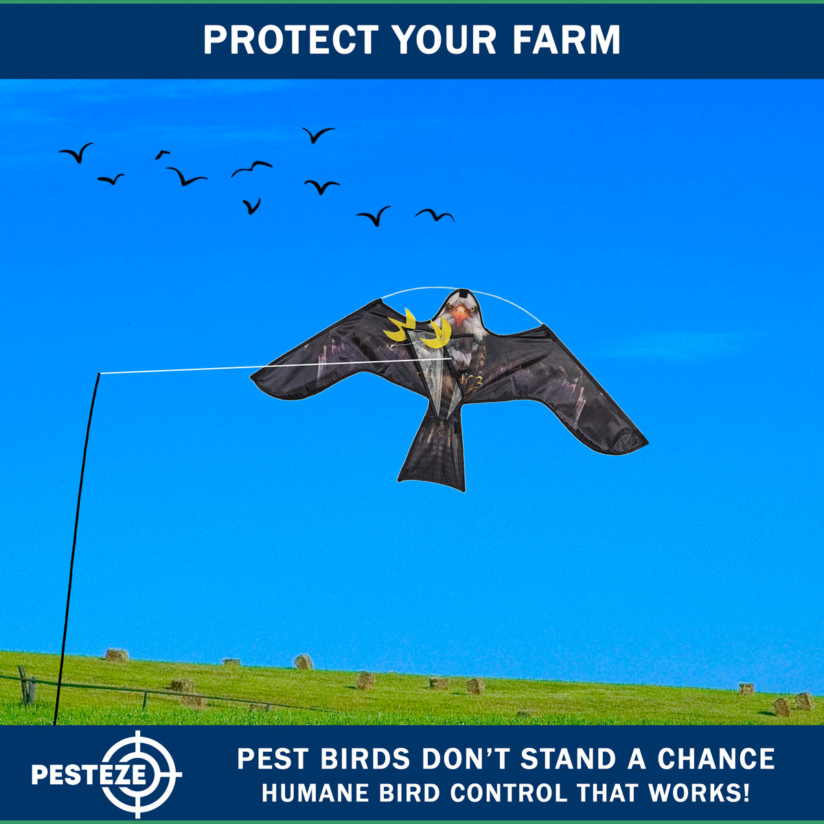PESTEZE® USA Realistic Eagle Kite [2 Pack- 46 x 26 Inch with 13 ft Flagpole] Use in Yards & Farms to Protect Vegetables, Fruits & Crops from Pest Birds & Critters without Harming Them