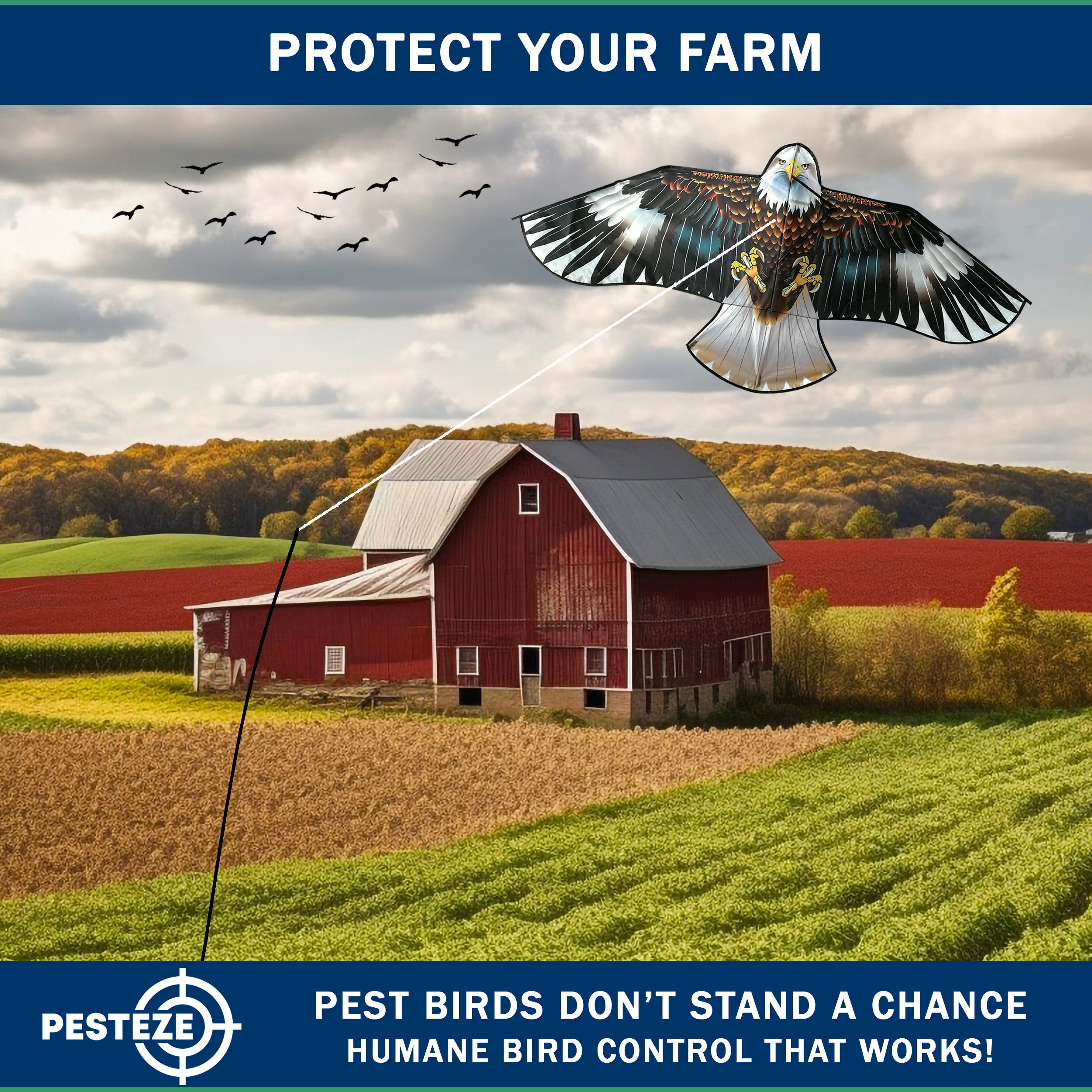 PESTEZE® USA Huge Blue Eagle Kite [63x29 Inch Kite with 13 Ft Flagpole] Provides Humane Bird Deterrence in Yards & Farms. Protects Vegetables, Fruits & Crops from Pest Birds & Critters