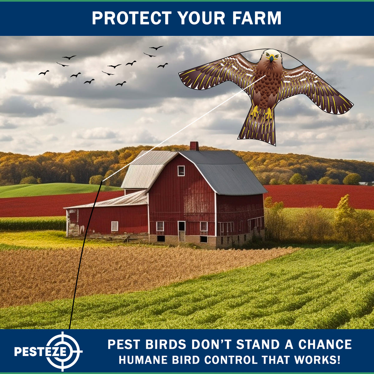 PESTEZE® USA Hawk Kite [47x27 Inch Kite with 13 Ft Flagpole] Provides Humane Bird Deterrence in Yards & Farms. Protects Vegetables, Fruits & Crops from Pest Birds & Critters