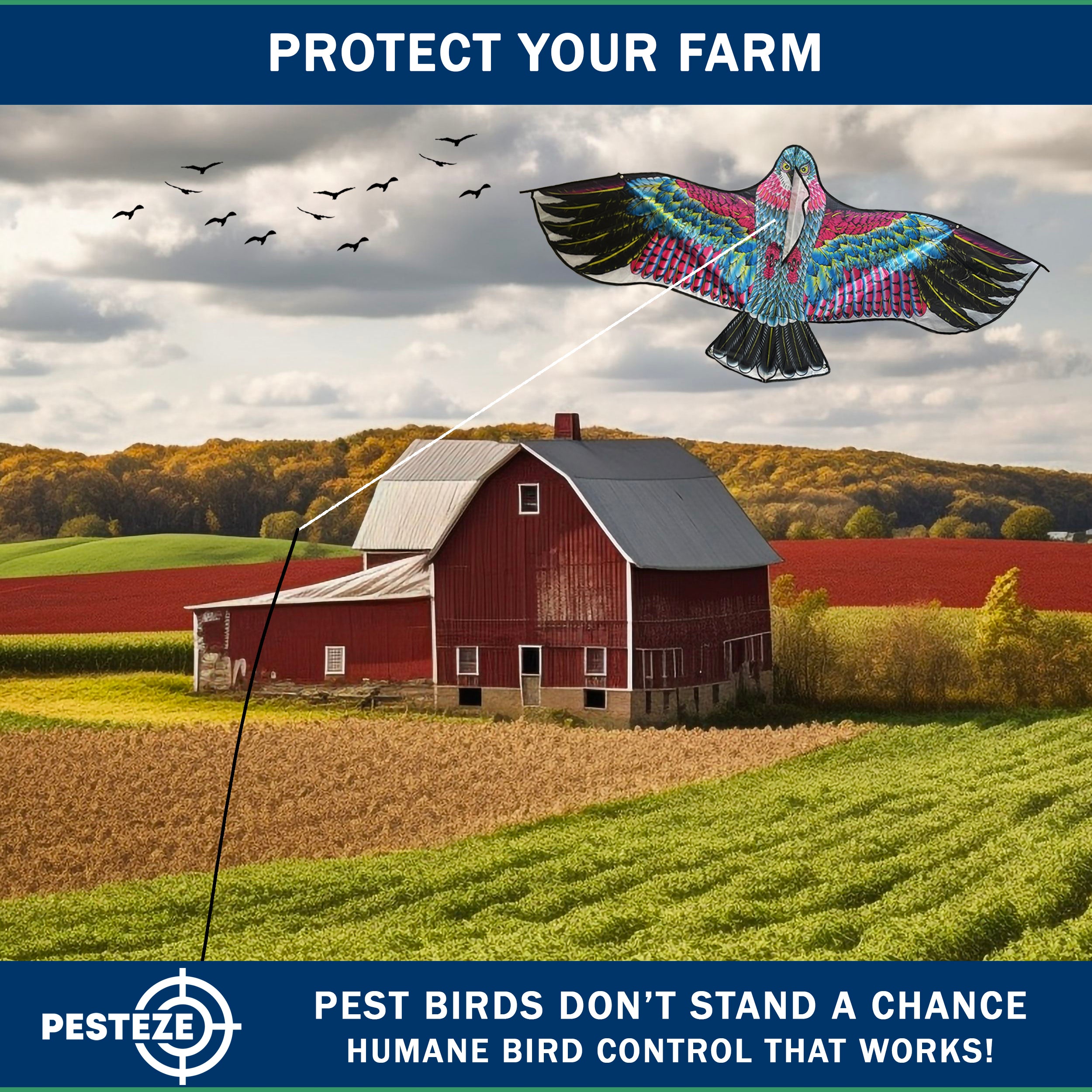 PESTEZE® USA Huge Red Eagle Kite [60x28 Inch Kite with 13 Ft Flagpole] Provides Humane Bird Deterrence in Yards & Farms. Protects Vegetables, Fruits & Crops from Pest Birds & Critters