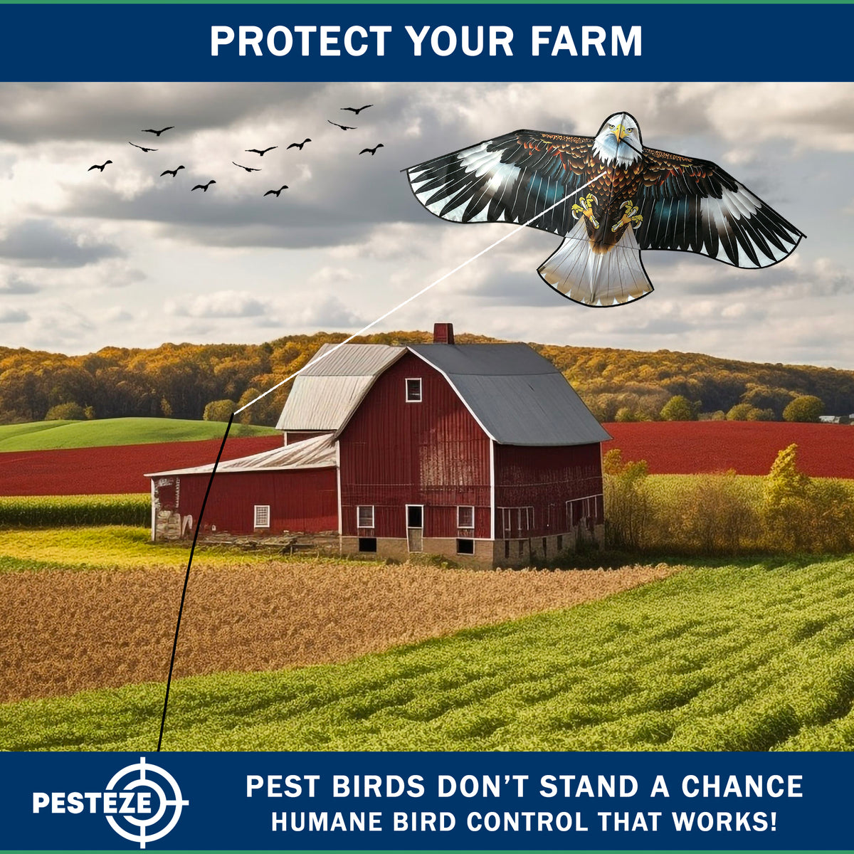 PESTEZE® USA Flying Hawk Bird Deterrent Kite, 13 ft Pole– Realistic 54x30 Inch Hawk Decoy Scare Device for Gardens, Yards, Boats & Farms– Repels Pest Birds like Crows, Pigeons, Seagulls, Geese Humanely