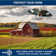 PESTEZE® USA Flying Hawk Bird Deterrent Kite, 13 ft Pole– Realistic 54x30 Inch Hawk Decoy Scare Device for Gardens, Yards, Boats & Farms– Repels Pest Birds like Crows, Pigeons, Seagulls, Geese Humanely