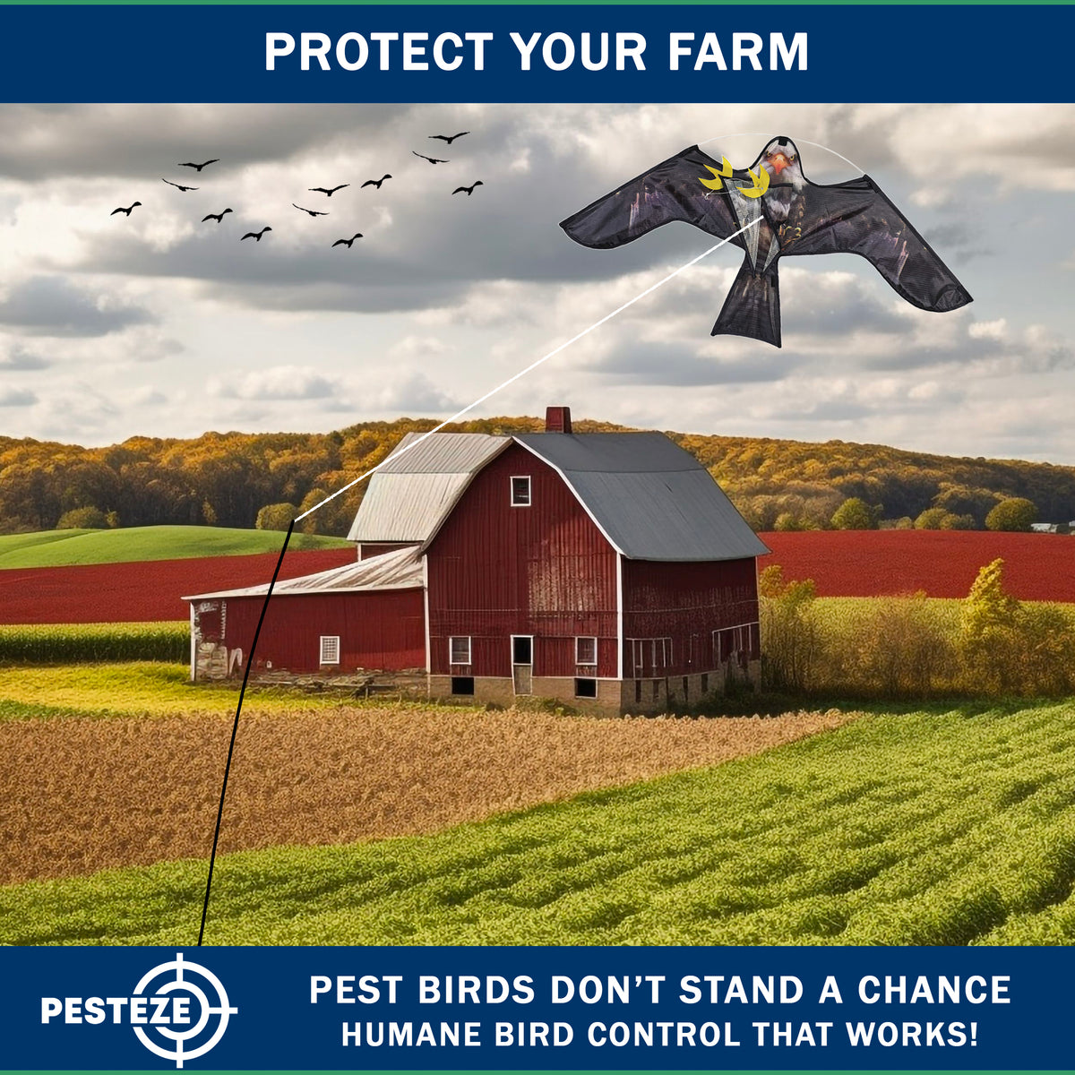 PESTEZE® USA Realistic Eagle Kite [2 Pack- 46 x 26 Inch with 13 ft Flagpole] Use in Yards & Farms to Protect Vegetables, Fruits & Crops from Pest Birds & Critters without Harming Them