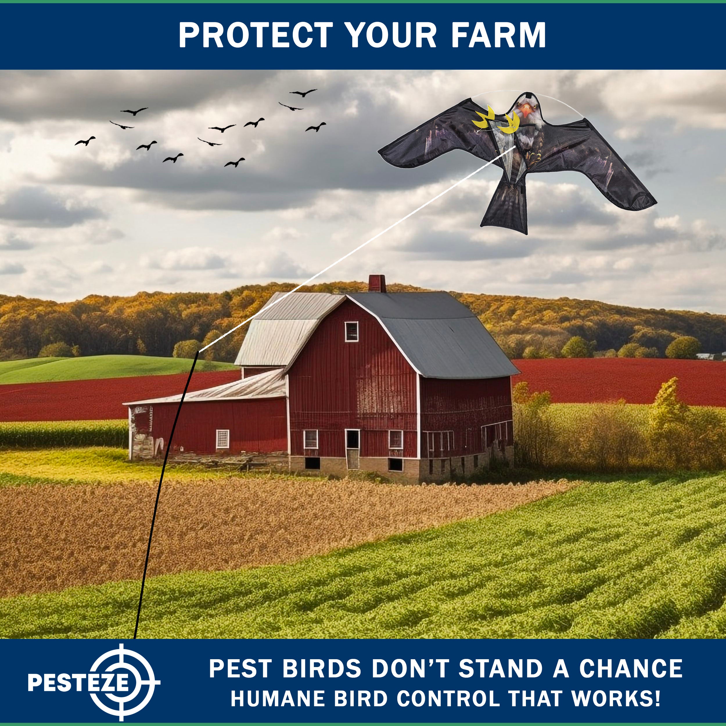PESTEZE® USA Realistic Eagle Kite [2 Pack- 46 x 26 Inch with 13 ft Flagpole] Use in Yards & Farms to Protect Vegetables, Fruits & Crops from Pest Birds & Critters without Harming Them