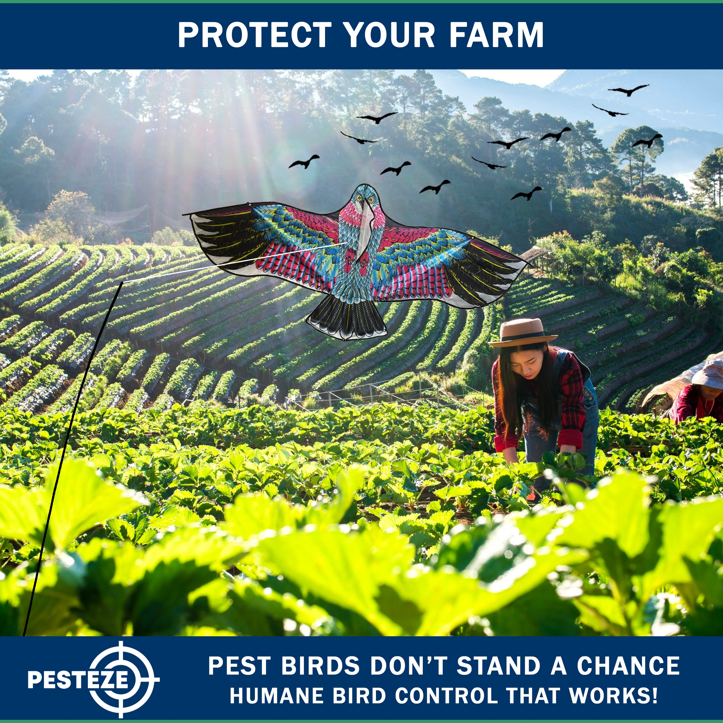 PESTEZE® USA Huge Red Eagle Kite [60x28 Inch Kite with 13 Ft Flagpole] Provides Humane Bird Deterrence in Yards & Farms. Protects Vegetables, Fruits & Crops from Pest Birds & Critters