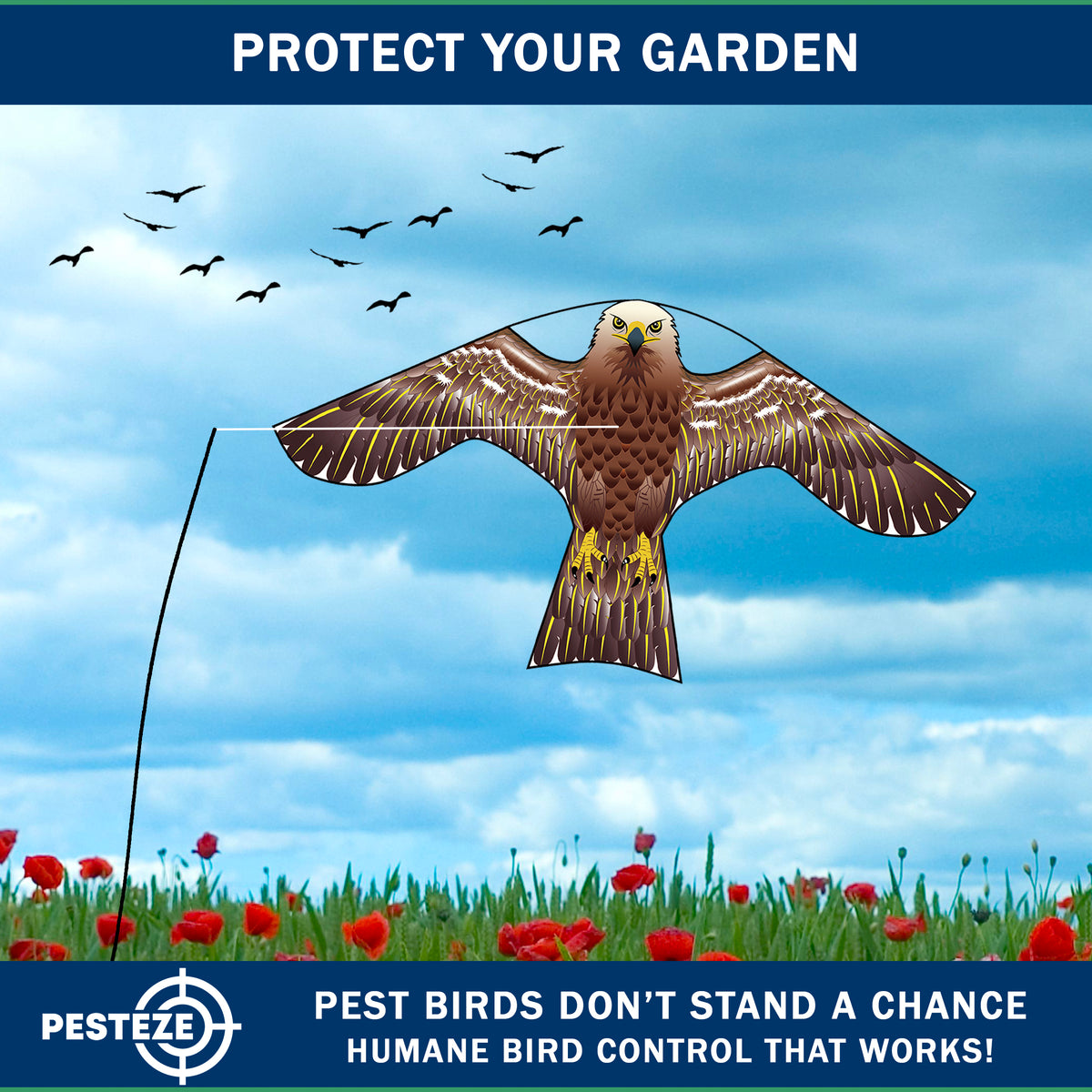 PESTEZE® USA Hawk Kite [47x27 Inch Kite with 13 Ft Flagpole] Provides Humane Bird Deterrence in Yards & Farms. Protects Vegetables, Fruits & Crops from Pest Birds & Critters