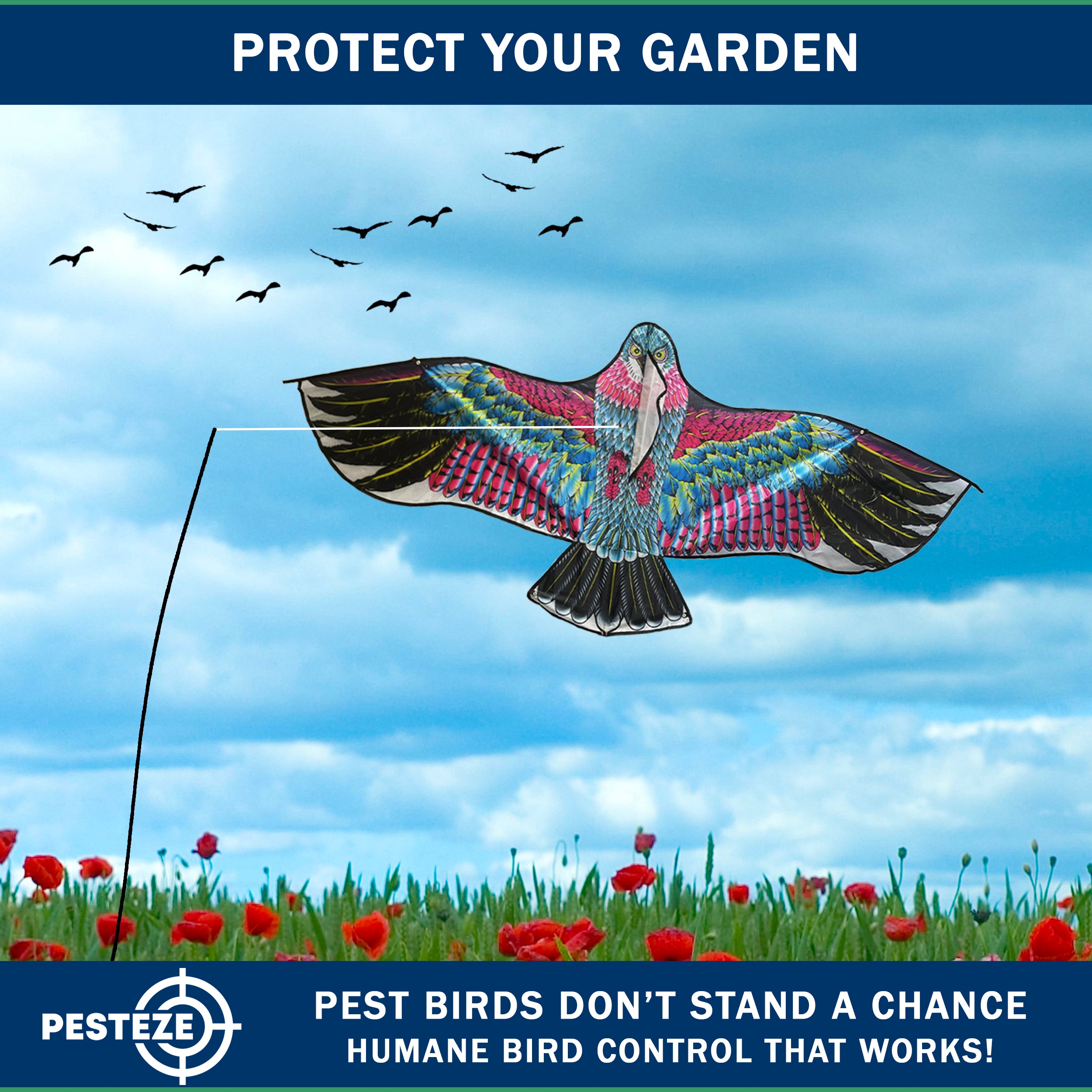PESTEZE® USA Huge Red Eagle Kite [60x28 Inch Kite with 13 Ft Flagpole] Provides Humane Bird Deterrence in Yards & Farms. Protects Vegetables, Fruits & Crops from Pest Birds & Critters