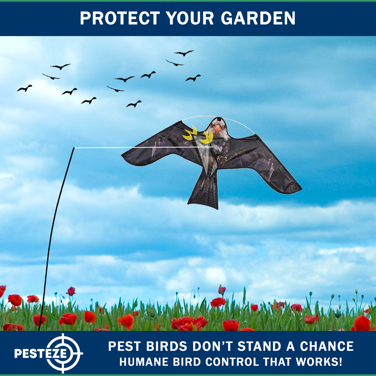 PESTEZE® USA Realistic Eagle Kite [2 Pack- 46 x 26 Inch with 13 ft Flagpole] Use in Yards & Farms to Protect Vegetables, Fruits & Crops from Pest Birds & Critters without Harming Them