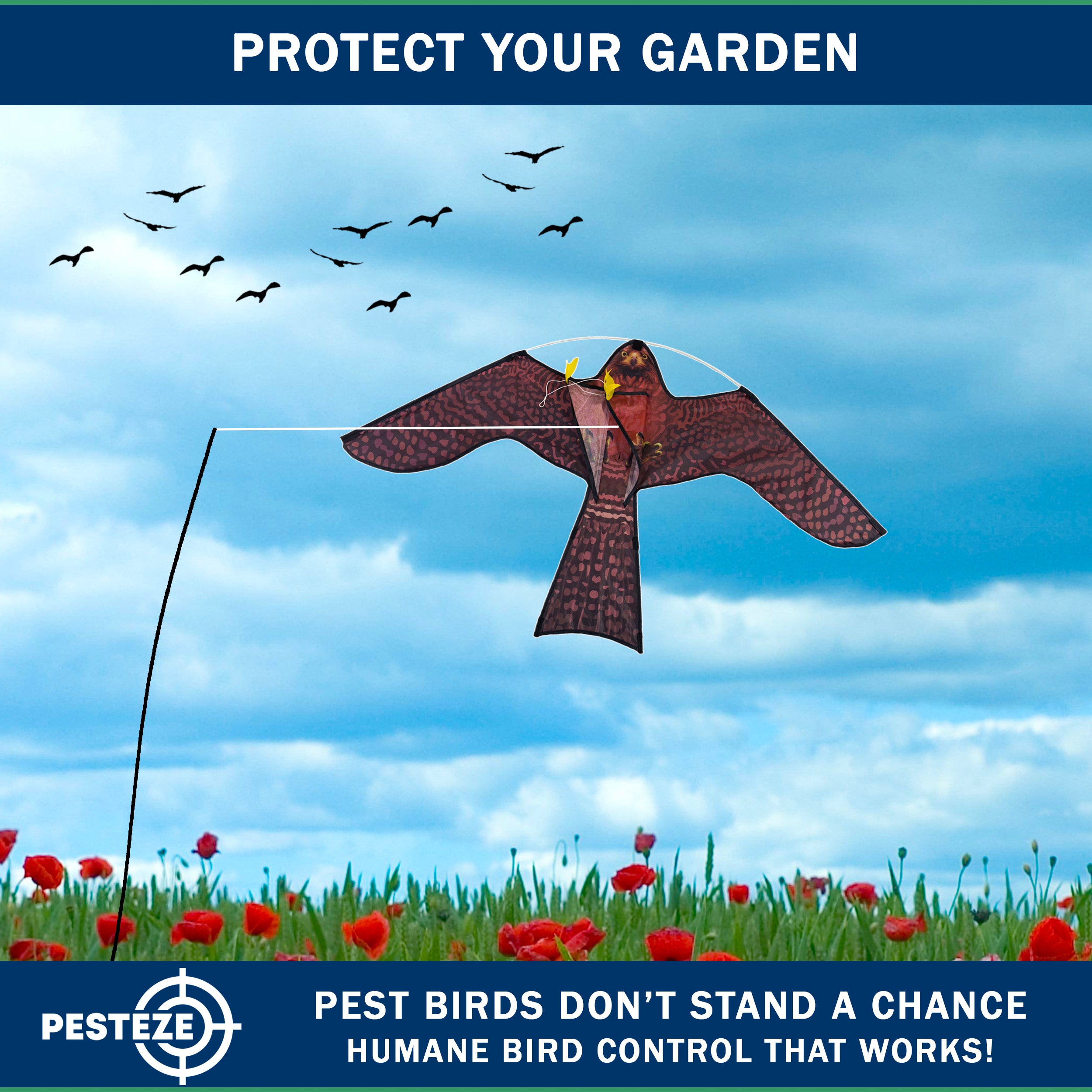 PESTEZE® USA Realistic Hawk Bird Scarer Kite [46 x 26 Inch with 13 ft Flagpole]. Use in Yards & Farms to Protect Vegetables, Fruits, Crops & Buildings from Pest Birds & Critters without Harming Them