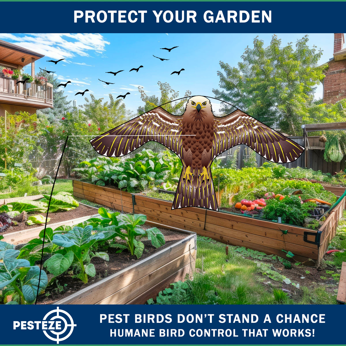 PESTEZE® USA Hawk Kite [47x27 Inch Kite with 13 Ft Flagpole] Provides Humane Bird Deterrence in Yards & Farms. Protects Vegetables, Fruits & Crops from Pest Birds & Critters