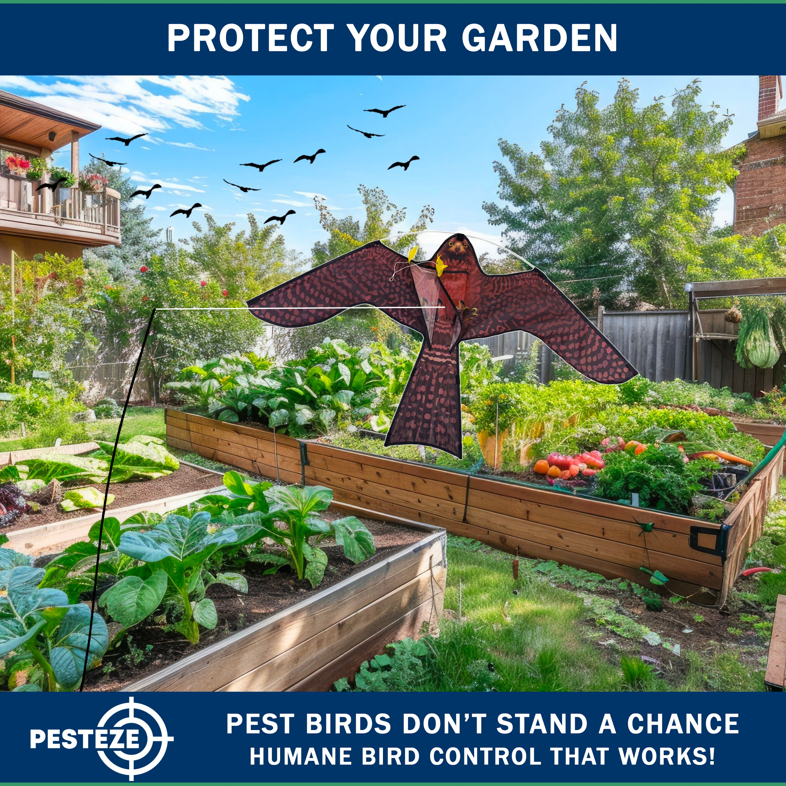 PESTEZE® USA Realistic Hawk Bird Scarer Kite [46 x 26 Inch with 13 ft Flagpole]. Use in Yards & Farms to Protect Vegetables, Fruits, Crops & Buildings from Pest Birds & Critters without Harming Them