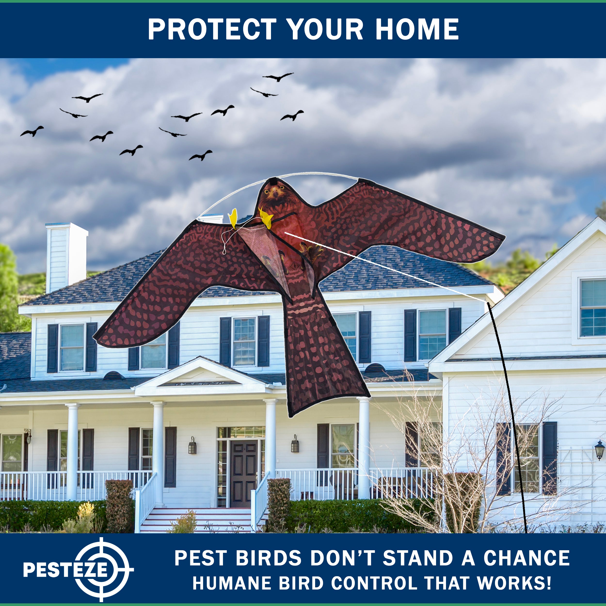 PESTEZE® USA Realistic Hawk Bird Scarer Kite [46 x 26 Inch with 13 ft Flagpole]. Use in Yards & Farms to Protect Vegetables, Fruits, Crops & Buildings from Pest Birds & Critters without Harming Them