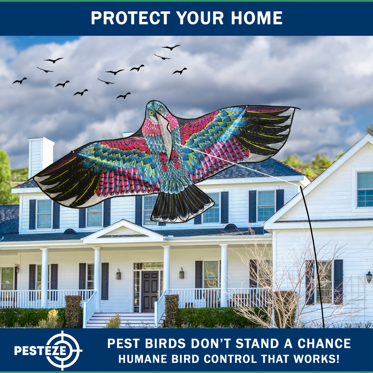 PESTEZE® USA Huge Red Eagle Kite [60x28 Inch Kite with 13 Ft Flagpole] Provides Humane Bird Deterrence in Yards & Farms. Protects Vegetables, Fruits & Crops from Pest Birds & Critters