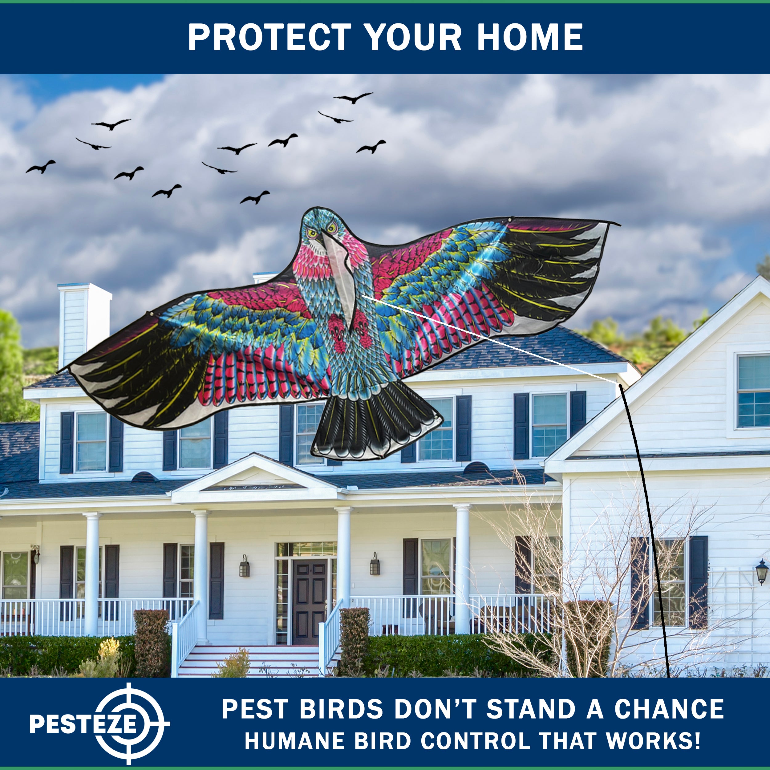 PESTEZE® USA Huge Red Eagle Kite [60x28 Inch Kite with 13 Ft Flagpole] Provides Humane Bird Deterrence in Yards & Farms. Protects Vegetables, Fruits & Crops from Pest Birds & Critters