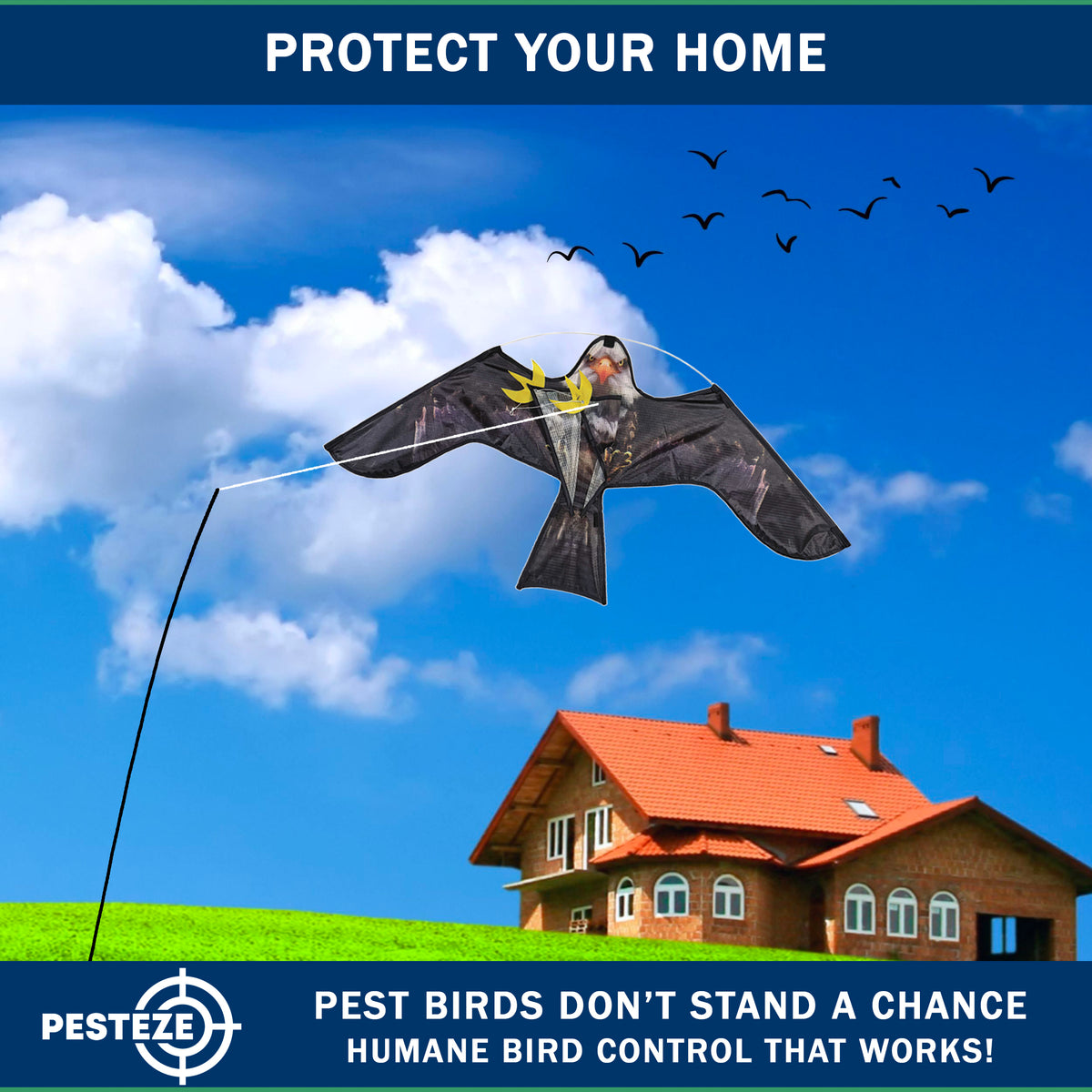 PESTEZE® USA Realistic Eagle Kite [2 Pack- 46 x 26 Inch with 13 ft Flagpole] Use in Yards & Farms to Protect Vegetables, Fruits & Crops from Pest Birds & Critters without Harming Them
