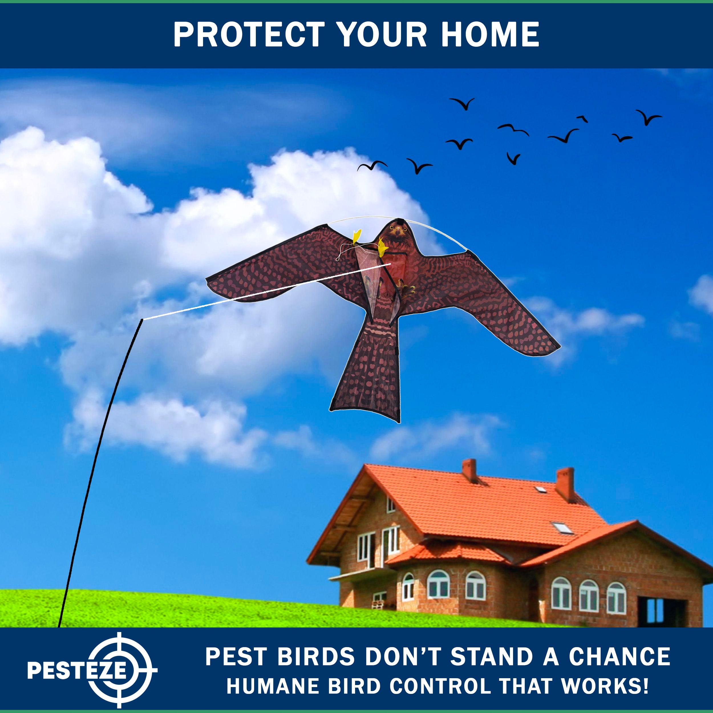 PESTEZE® USA Realistic Hawk Bird Scarer Kite [46 x 26 Inch with 13 ft Flagpole]. Use in Yards & Farms to Protect Vegetables, Fruits, Crops & Buildings from Pest Birds & Critters without Harming Them