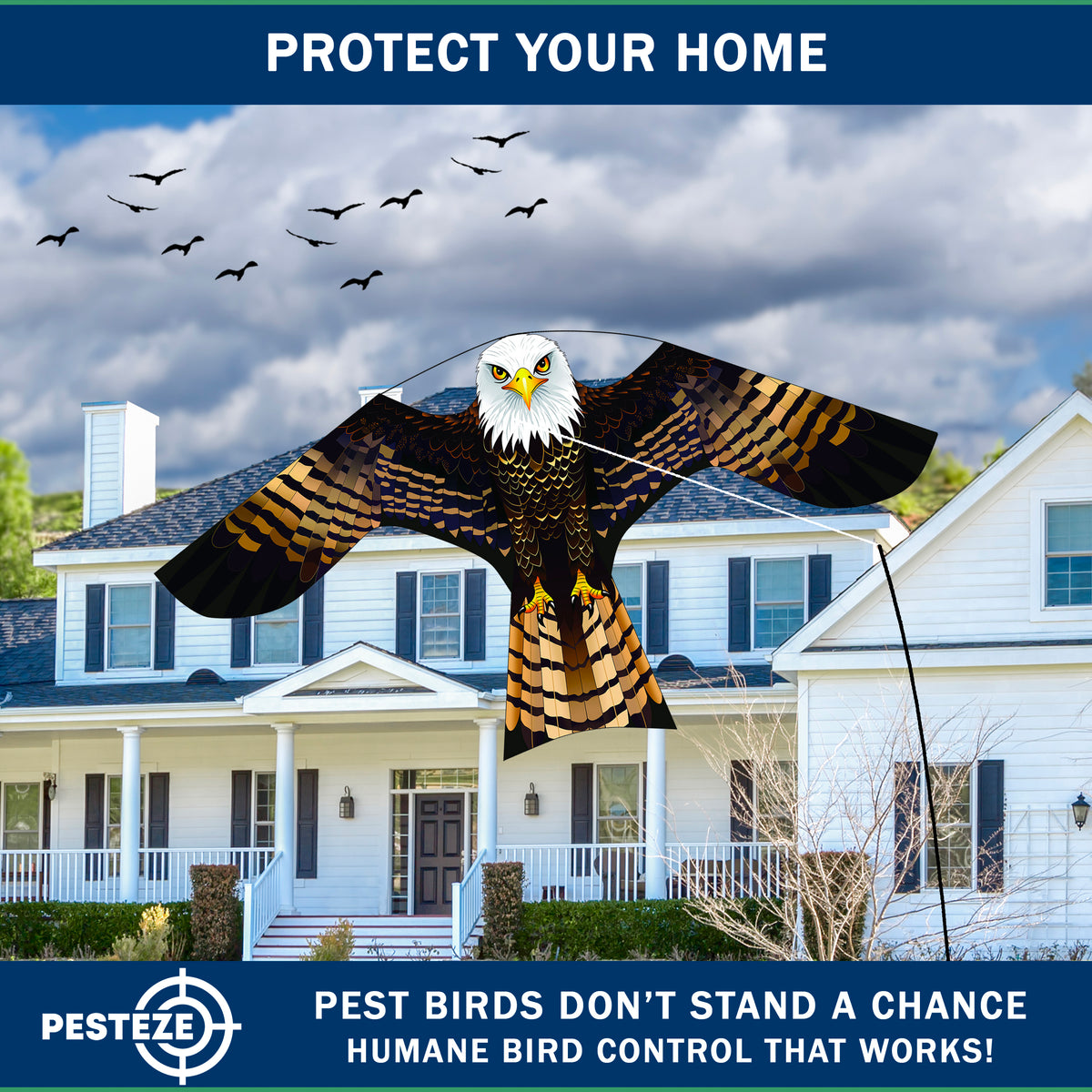 PESTEZE® USA Bald Eagle Bird Deterrent Kite with 13 ft Flagpole - Use in Yards & Farms to Protect Vegetables, Fruits, Crops & Property from Pest Birds