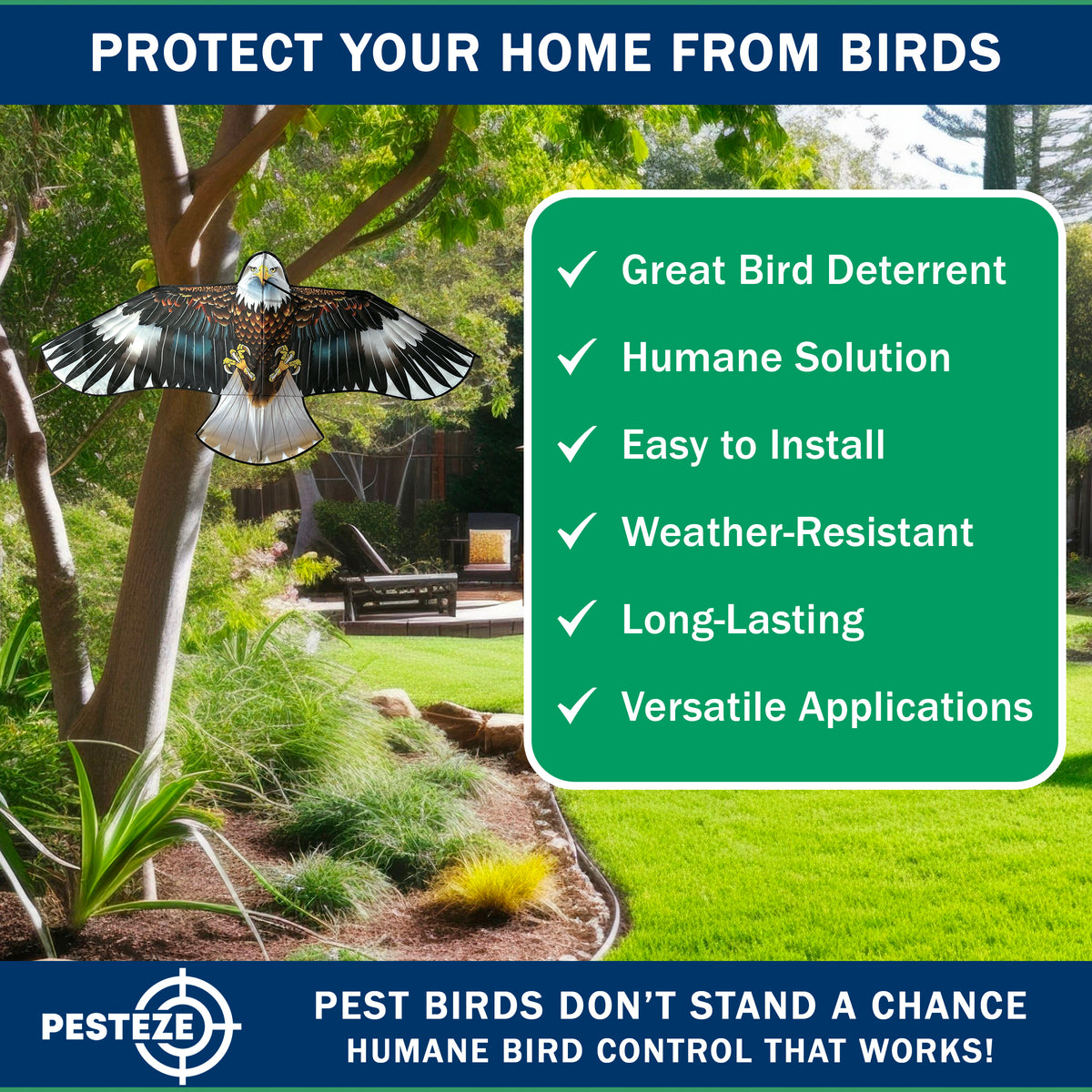 PESTEZE® USA Flying Hawk Bird Deterrent Kite, 13 ft Pole– Realistic 54x30 Inch Hawk Decoy Scare Device for Gardens, Yards, Boats & Farms– Repels Pest Birds like Crows, Pigeons, Seagulls, Geese Humanely
